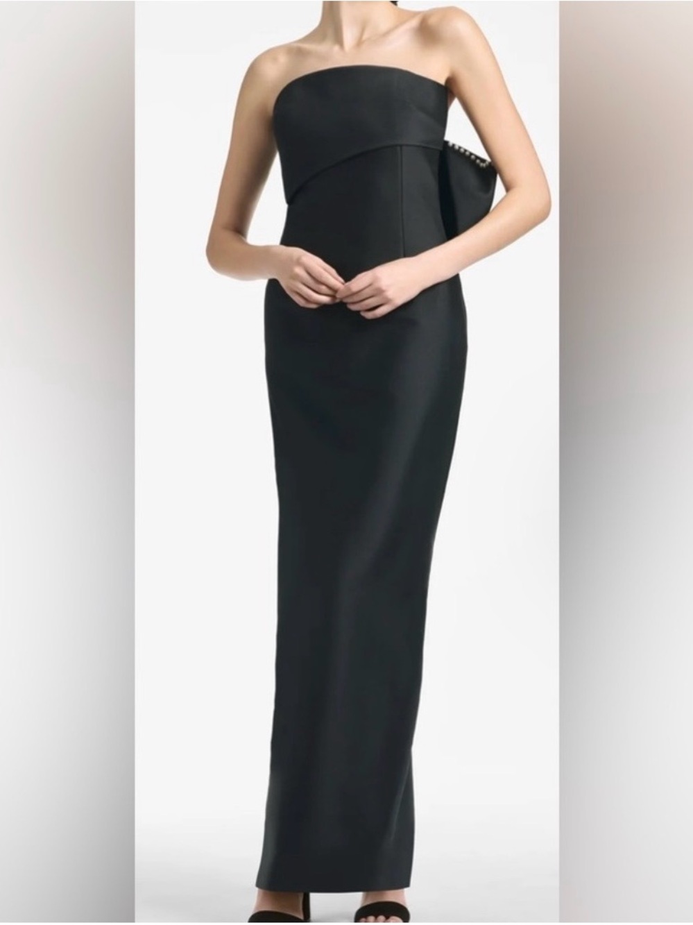 Sachin + Babi Strapless Black Column Gown with pearl bow